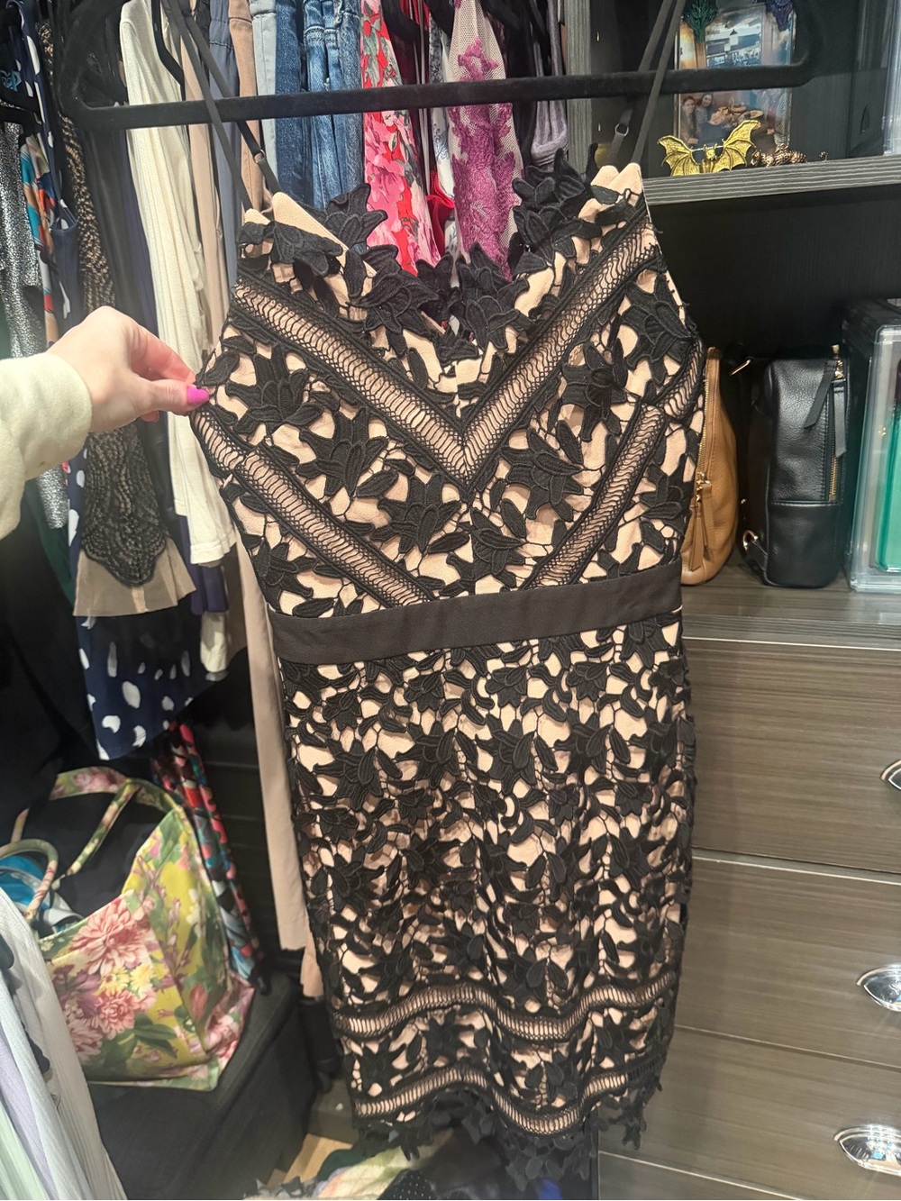 Adelyn Rae Black Lace Midi Dress with Nude Underlay